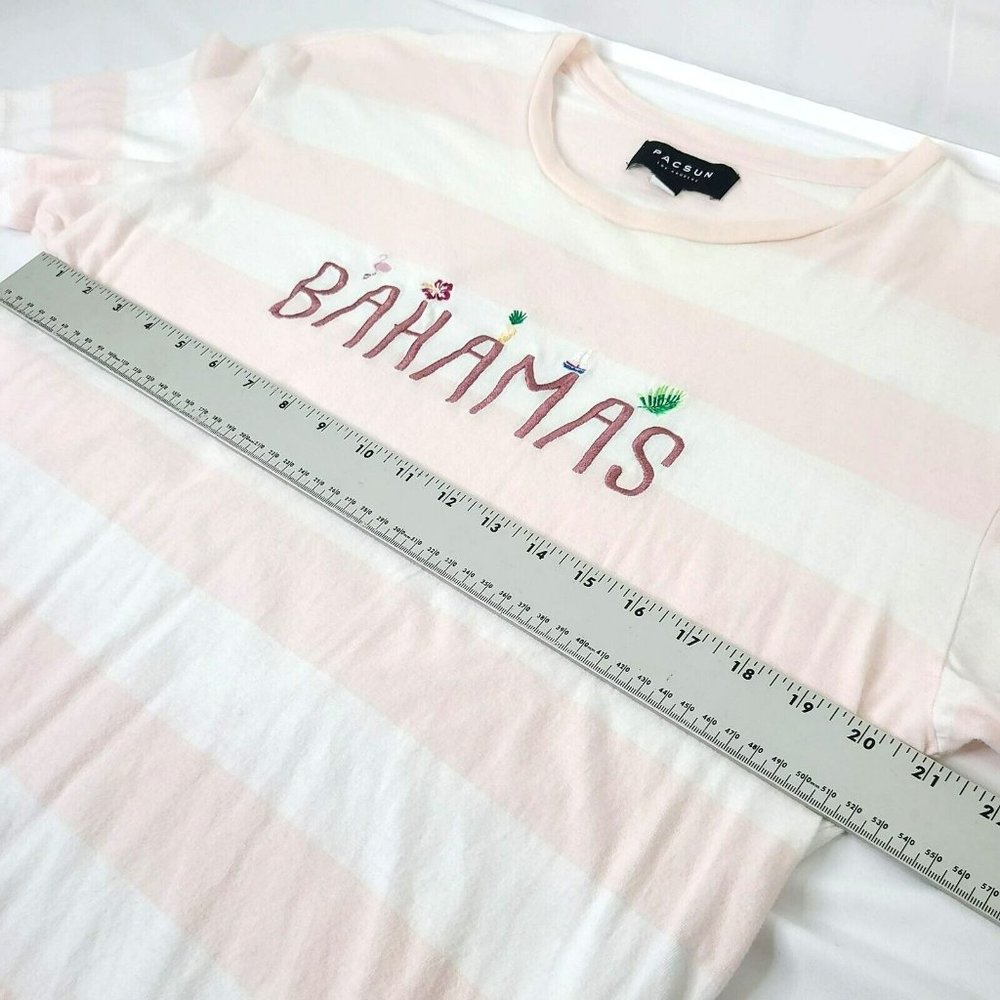 Pacsun Embroidered Bahamas T- Shirt Womens LG -90s Style Crew Striped Pink White - Picture 5 of 8